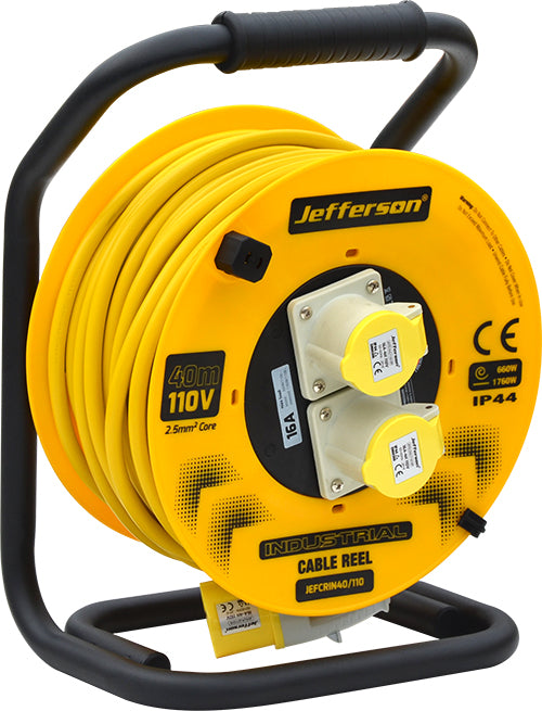 Jefferson Industrial Cable Reel 110V 16A 40M - 2 Sockets - 2.5mm2 Core