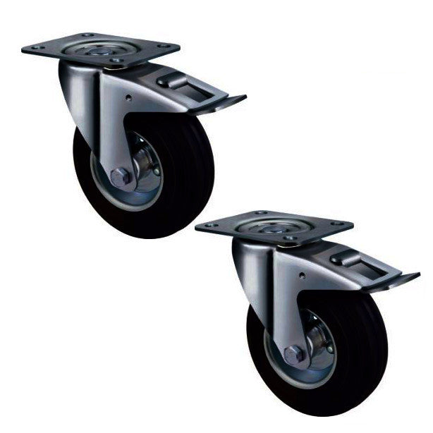 2 X 100mm Heavy Duty Rubber Castors with Brake Swivel Plate - 100kg Capacity Each