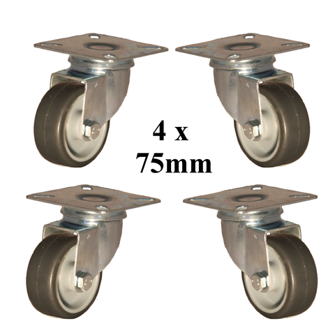 4 X 75mm Heavy Duty Rubber Castors with Swivel Plate - 70kg Capacity Each