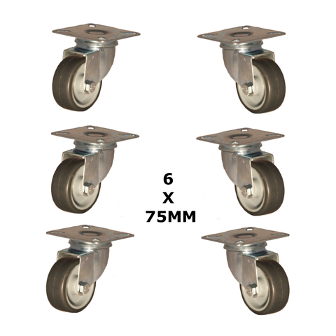 6 X 75mm Heavy Duty Rubber Castors with Swivel Plate