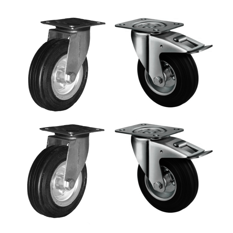 4 X 100mm Rubber Castors (2 Swivel & 2 Brake) with Swivel Plate - 100kg Capacity