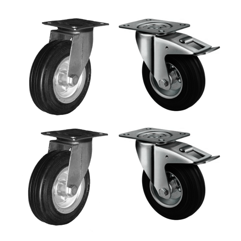 4 X 125mm Rubber Castors (2 Swivel, 2 Brake) with Swivel Plate- 135kg Capacity