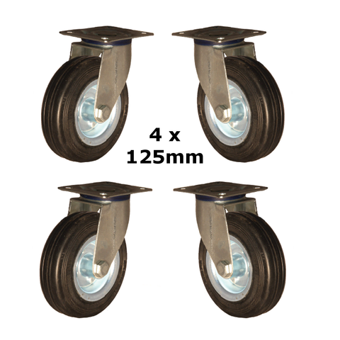 4 X 125mm Heavy Duty Rubber Castors with Swivel Plate - 130kg Capacity Each