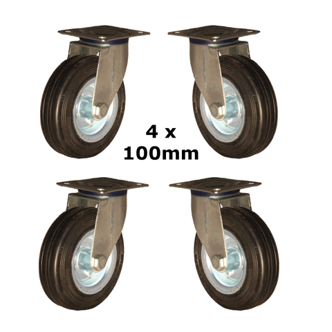 4 X 100mm Heavy Duty Rubber Castors with Swivel Plate - 100kg Capacity Each