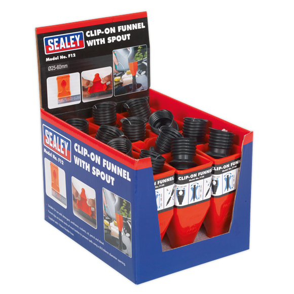 Sealey 12 Pack - No Spill Clip-On Funnels with Flexible Spouts