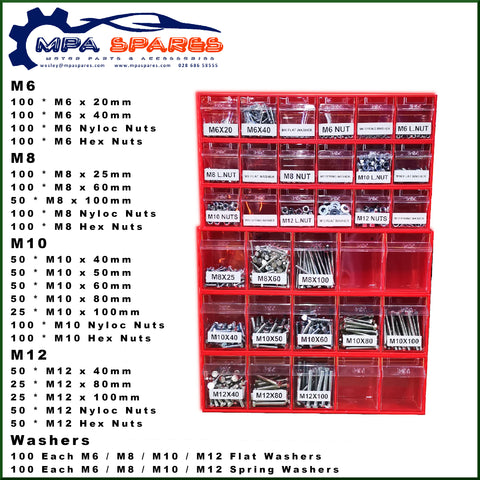 2275 PIECE NUTS & BOLTS VARIETY PACK WITH STORAGE BOXES - M6, M8, M10, M12 - MPA Spares
