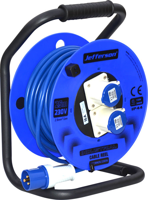 Jefferson Industrial Cable Reel 230V 16A 25M - 2 Sockets - 2.5mm2 Core