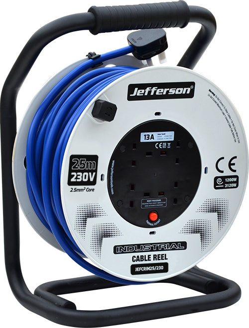 Jefferson Industrial Cable Reel 230V 25M - 2 Sockets - 2.5mm2 Core
