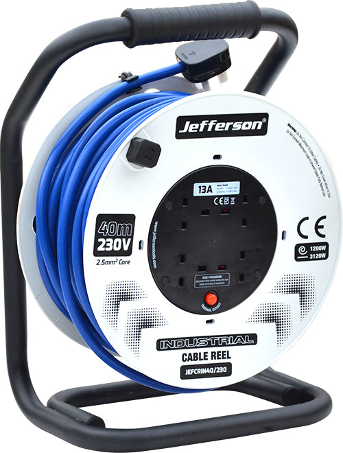 Industrial 40M Mains Extension Cable Reel - 4 Sockets 230 V13A 2.5mm2 Core