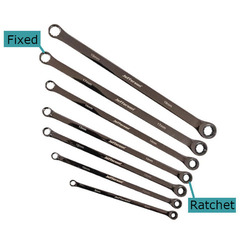 Jefferson Extra Long 7 Piece Double Ring Fixed/ratchet End Spanner Set