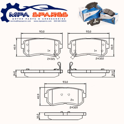 Rear Brake Pads Hyundai i30 07->,  Kia Cee'd 06->  ADB32016 PAD1487 MDB3056 - MPA Spares